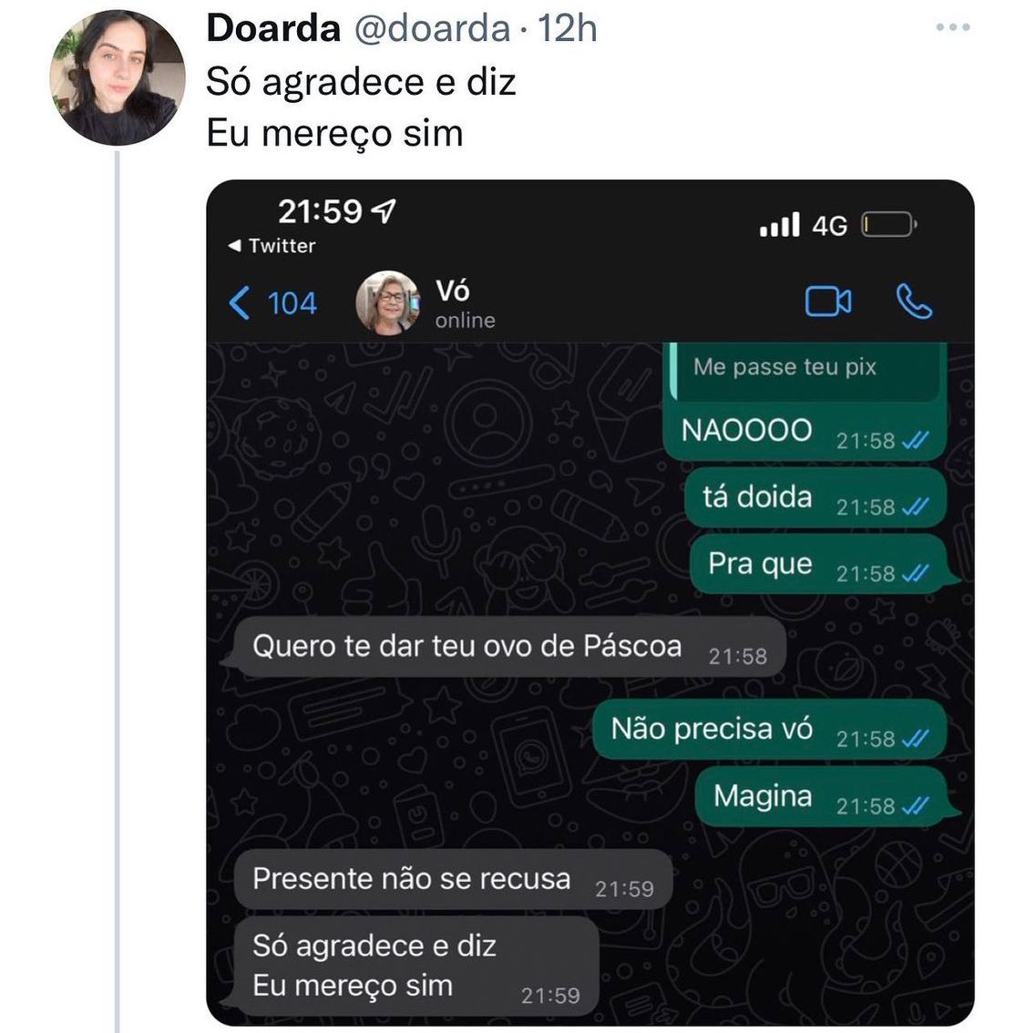 Só agradece e diz que merece sim
