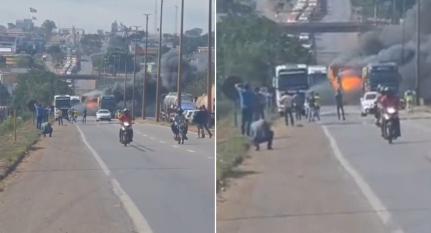 Caminhão com Etanol Pega Fogo e BR-364 Fica Totalmente Bloqueada