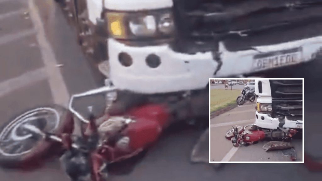 Engavetamento na BR-364 em Rondonópolis deixa motociclista ferido; veja vídeo