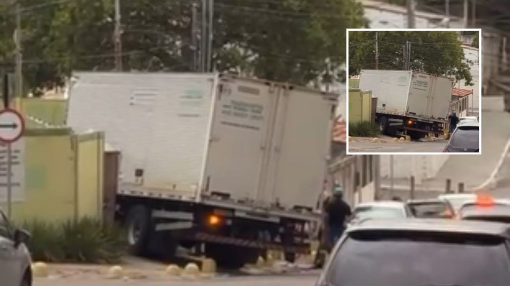 Caminhão perde controle em ladeira e só para ao bater em parede em Cuiabá; veja vídeo