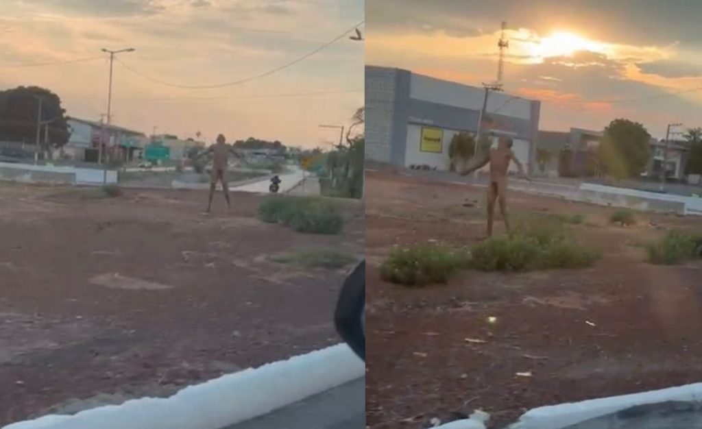 Homem Nu Surpreende Motoristas em Rotatória