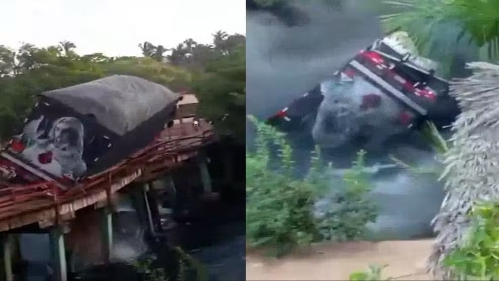 Ponte desaba e caminhão cai dentro de rio