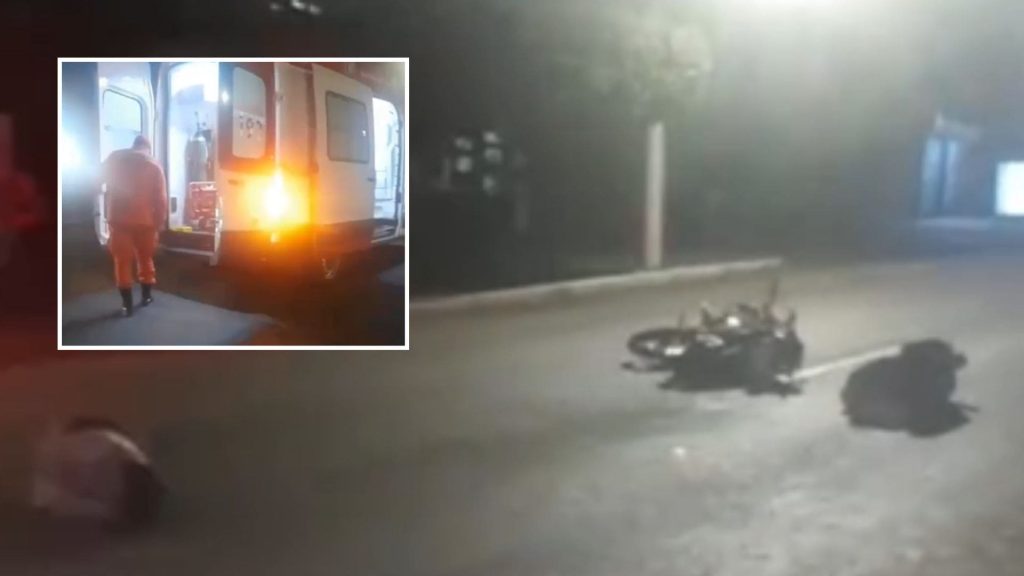 Acidente entre moto e Amarok deixa casal ferido e causa bloqueio de via em Rondonópolis; veja vídeo