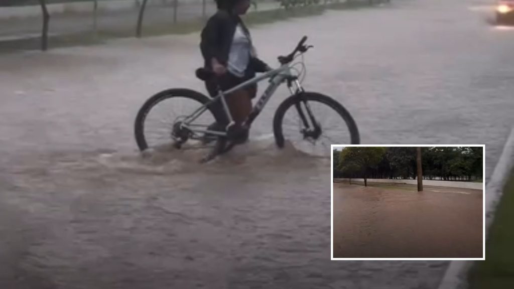 Chuva intensa deixa ruas alagadas em Nova Mutum; veja vídeo