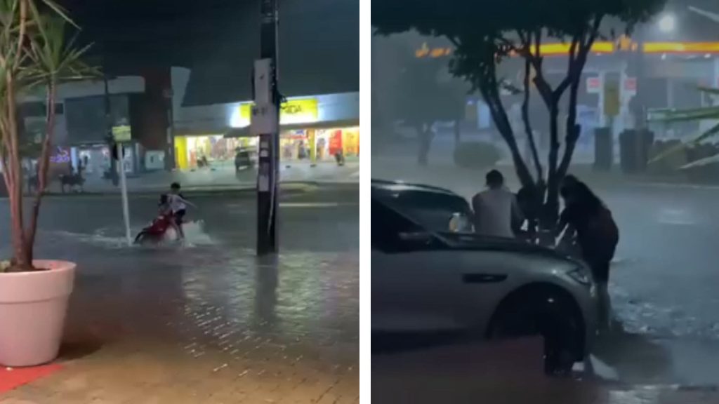 Amigos impedem motocicleta de ser arrastada por enxurrada em Lucas do Rio Verde