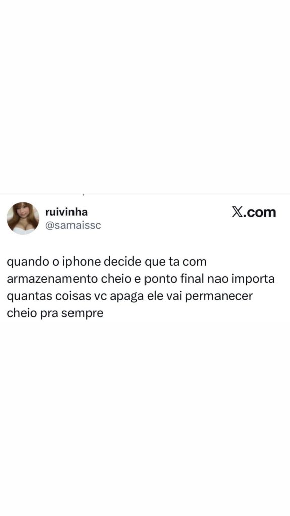 O iPhone cheio que não libera espaço virou piada da ruivinha X.com. Quem nunca p em destaque