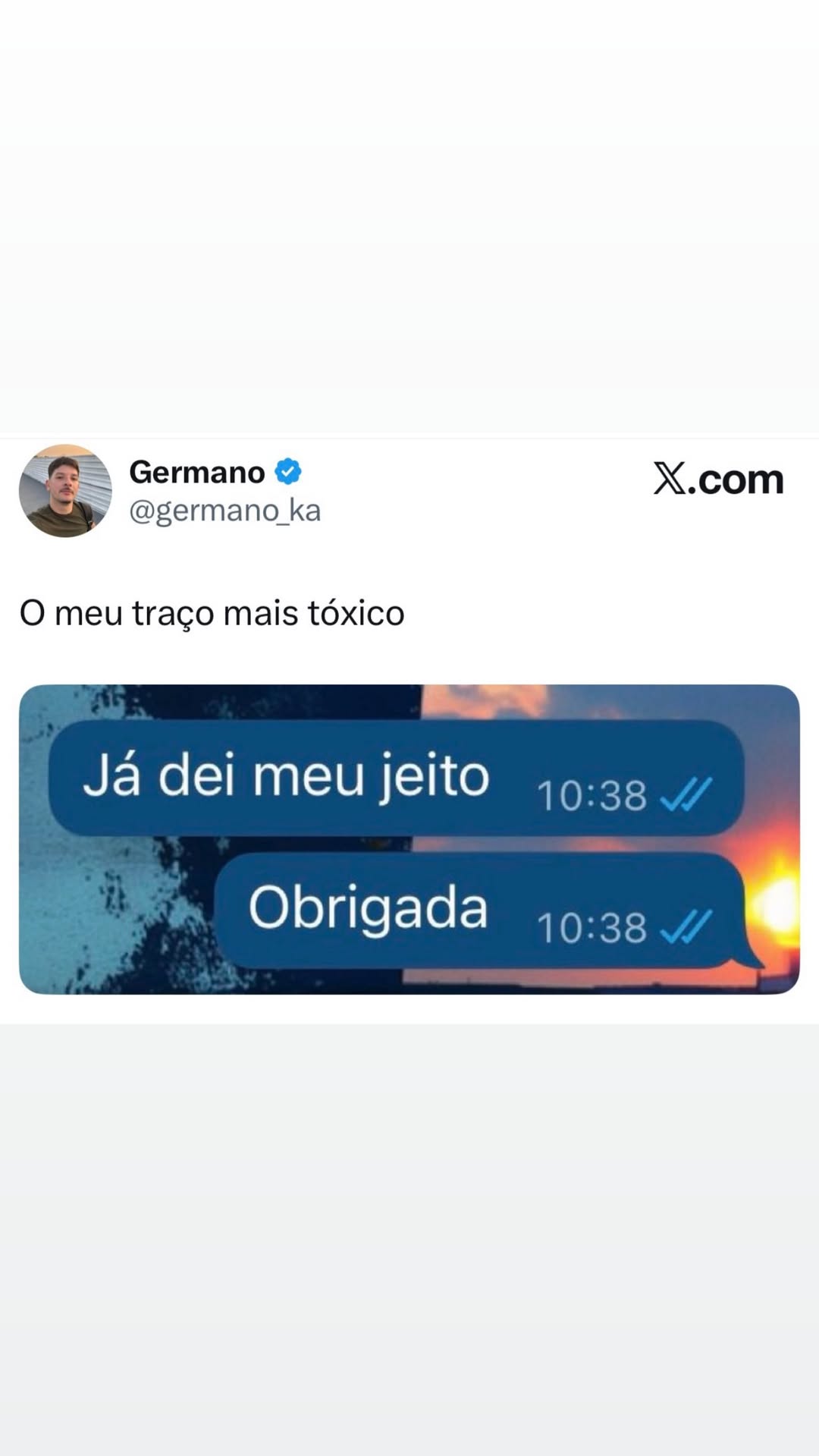 6 Germano @ X.com » @germano ka O meu traço mais tóxico Já dei meu jeito 0:35 Obri