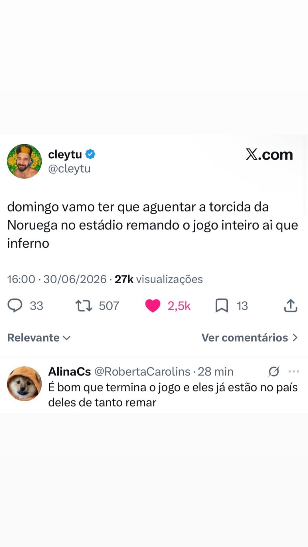 cleytu @ X.com @cleytu domingo vamo ter que aguentar a torcida da Noruega no estád