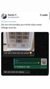 Quando a mãe encontra a tecla de bolo de canela no microondas novo e não acredit em destaque
