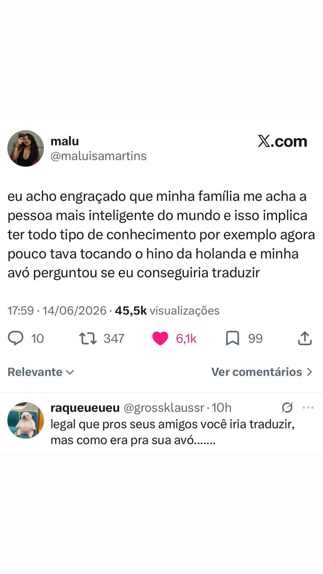 malu X.com @maluisamartins eu acho engraçado que minha familia me acha a pessoa ma