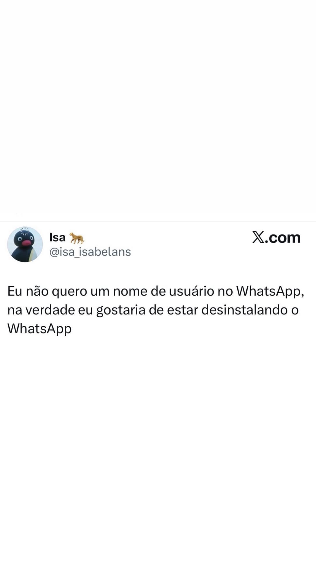 RB Isa yy, X.com @isa_isabelans Eu não quero um nome de usuário no WhatsApp, na ve
