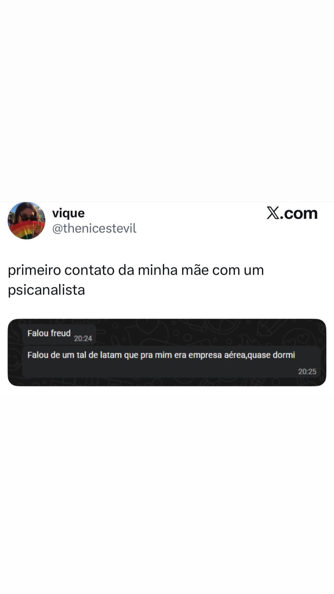 vique X.com @thenicestevil primeiro contato da minha mae com um psicanalista Falou