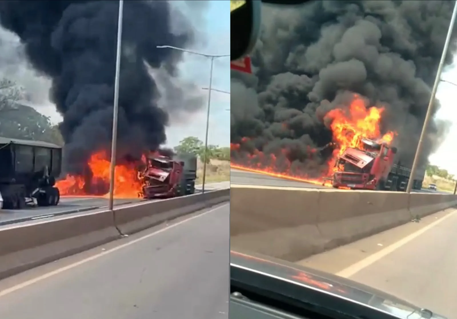 Batida entre duas carretas provoca incêndio e espalha toneladas de adubo pela pista em Cuiabá; veja vídeo