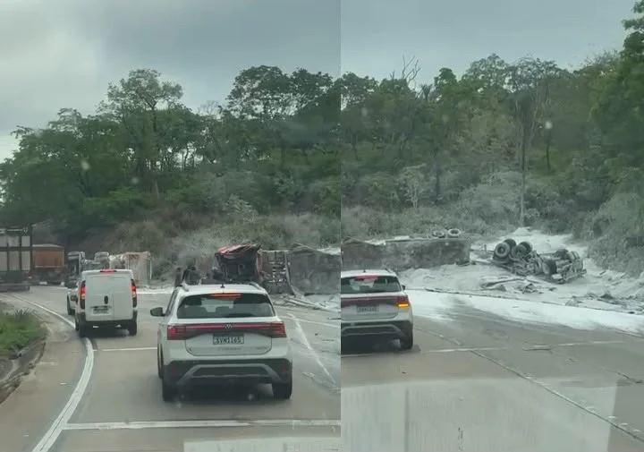 Acidente entre duas carretas provoca tombamento e interdição na Serra de São Vicente; veja vídeo