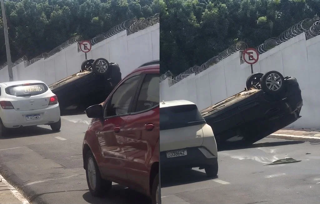 Motorista perde o controle e capota carro ao lado de cemitério em Cuiabá; veja vídeo