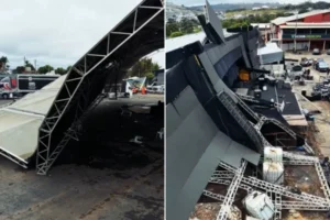 Temporal derruba estrutura de palco, deixa cinco feridos e força cancelamento de festival; veja vídeo