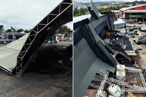 Temporal derruba estrutura de palco, deixa cinco feridos e força cancelamento de festival; veja vídeo